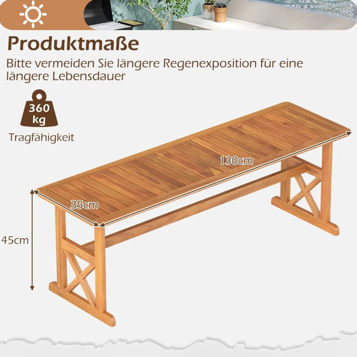 2er Set Außenbank aus Akazienholz 2-3 Personen Rückenfreie Gartenbank mit Lattenrost-Sitz Natur