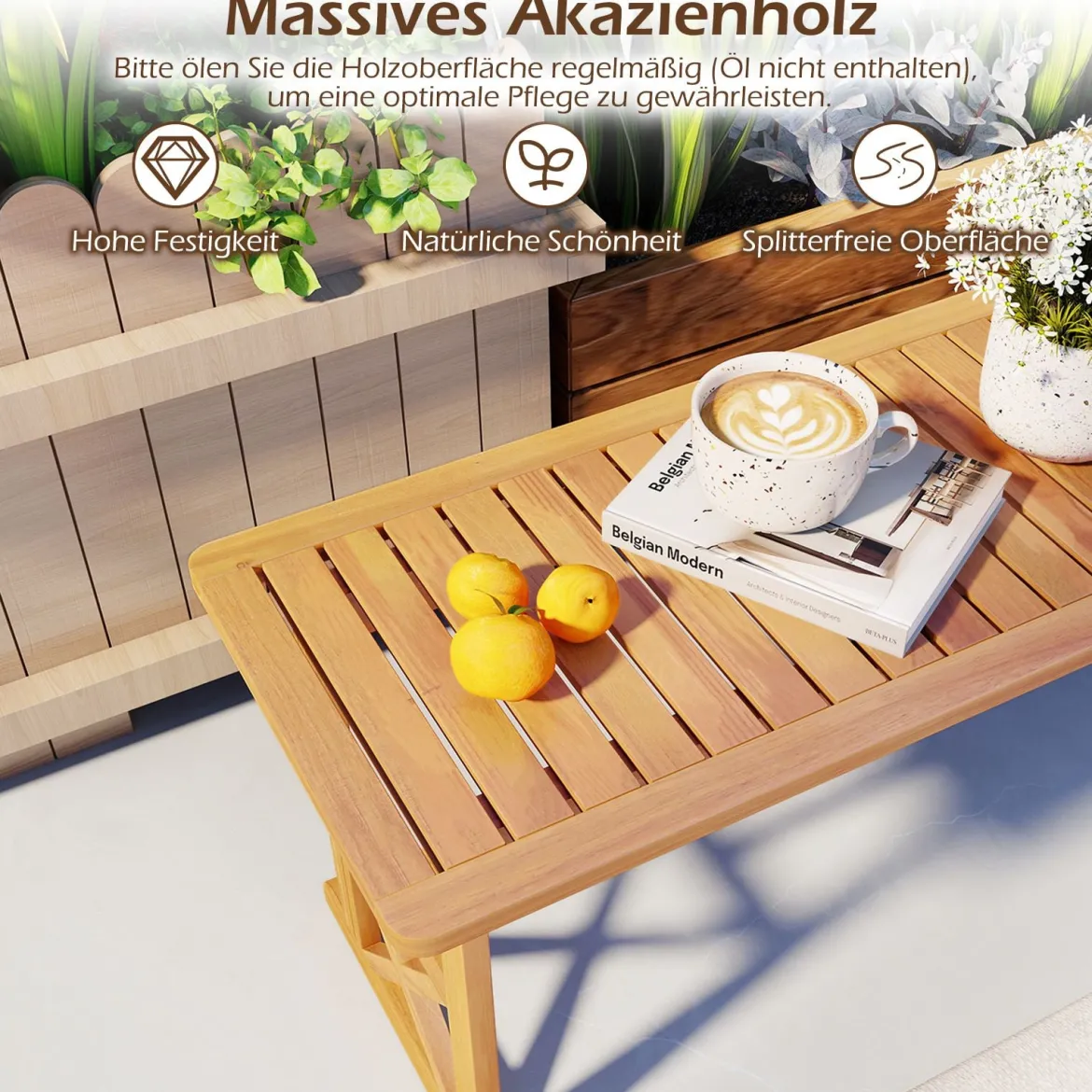 2er Set Außenbank aus Akazienholz 2-3 Personen Rückenfreie Gartenbank mit Lattenrost-Sitz Natur