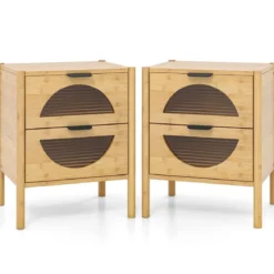 2er Set Bambus Nachttisch mit 2 Schubladen Moderner Beistelltisch Robuster Nachtschrank