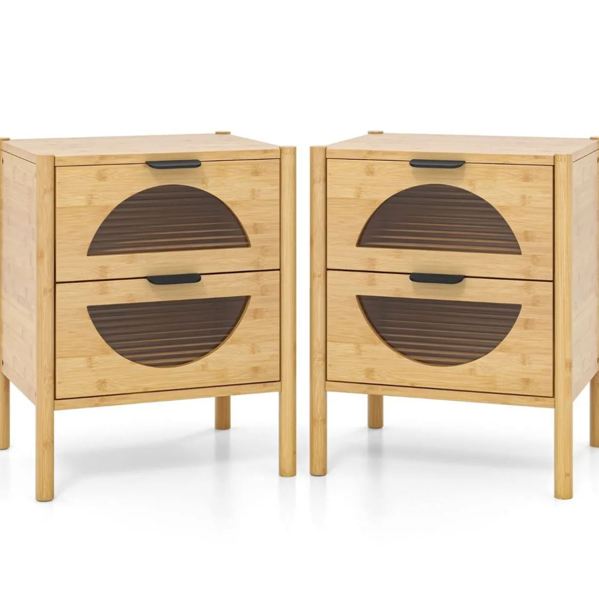 2er Set Bambus Nachttisch mit 2 Schubladen Moderner Beistelltisch Robuster Nachtschrank