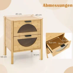 2er Set Bambus Nachttisch mit 2 Schubladen Moderner Beistelltisch Robuster Nachtschrank