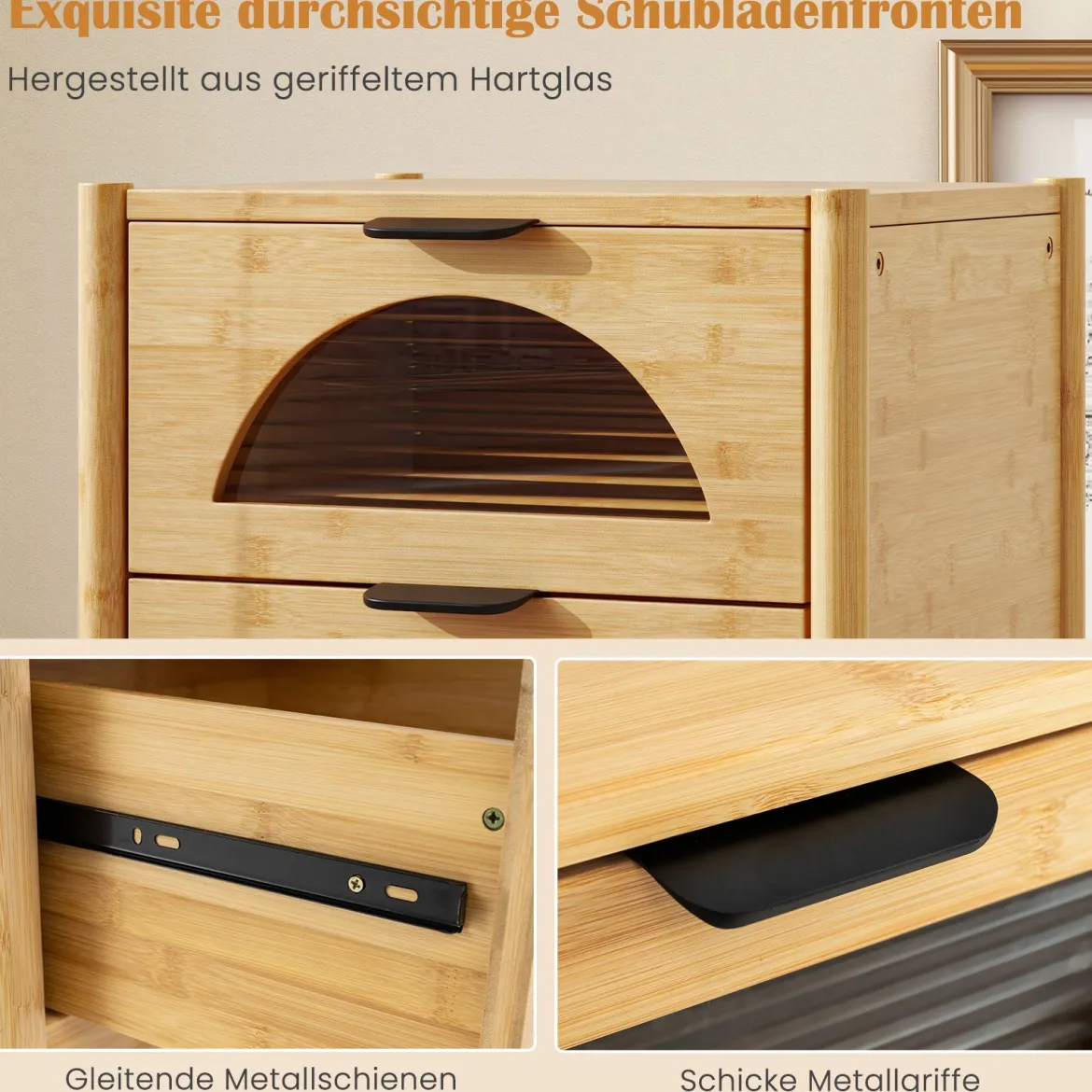2er Set Bambus Nachttisch mit 2 Schubladen Moderner Beistelltisch Robuster Nachtschrank