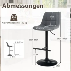 2er Set Barhocker Barstuhl Küchenstuhl 360° drehbar & höhenverstellbar Bistrohocker Grau