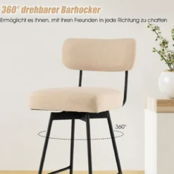 2er Set Barhocker 360° Drehbare Gepolsterte Barstühle mit Metallbeinen Beige