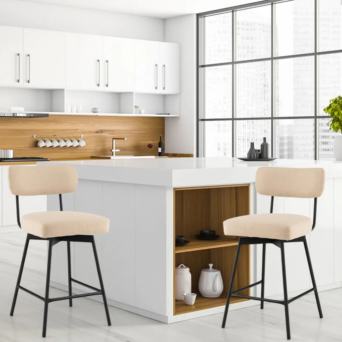 2er Set Barhocker 360° Drehbare Gepolsterte Barstühle mit Metallbeinen Beige