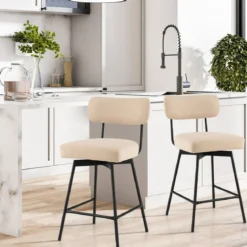 2er Set Barhocker 360° Drehbare Gepolsterte Barstühle mit Metallbeinen Beige