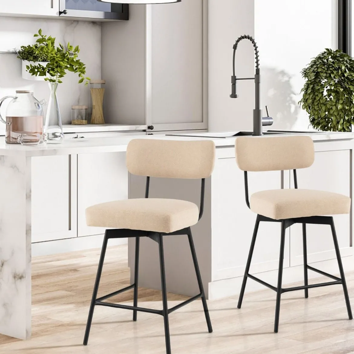 2er Set Barhocker 360° Drehbare Gepolsterte Barstühle mit Metallbeinen Beige