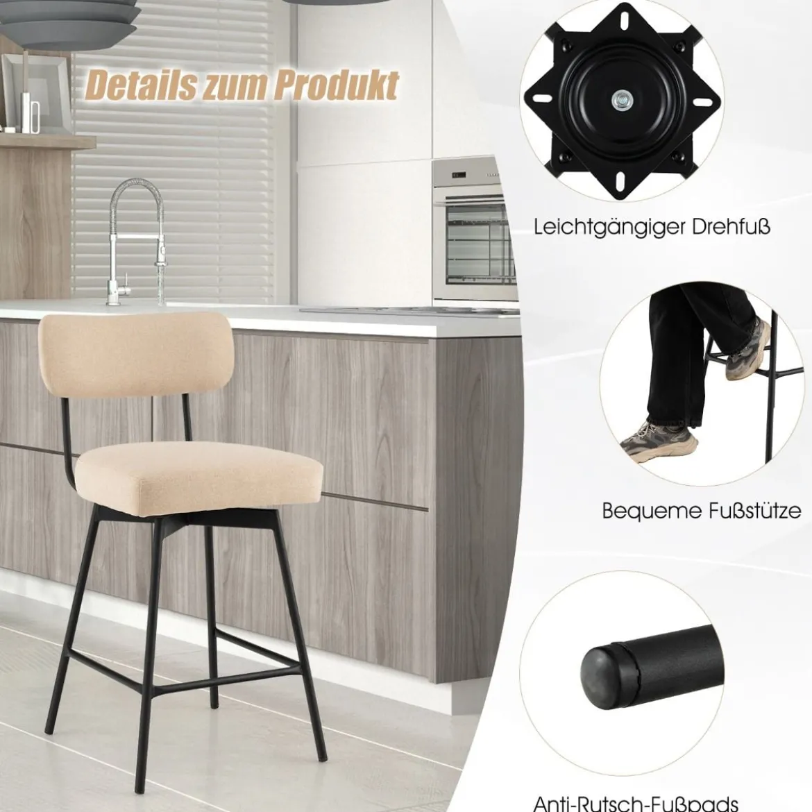 2er Set Barhocker 360° Drehbare Gepolsterte Barstühle mit Metallbeinen Beige