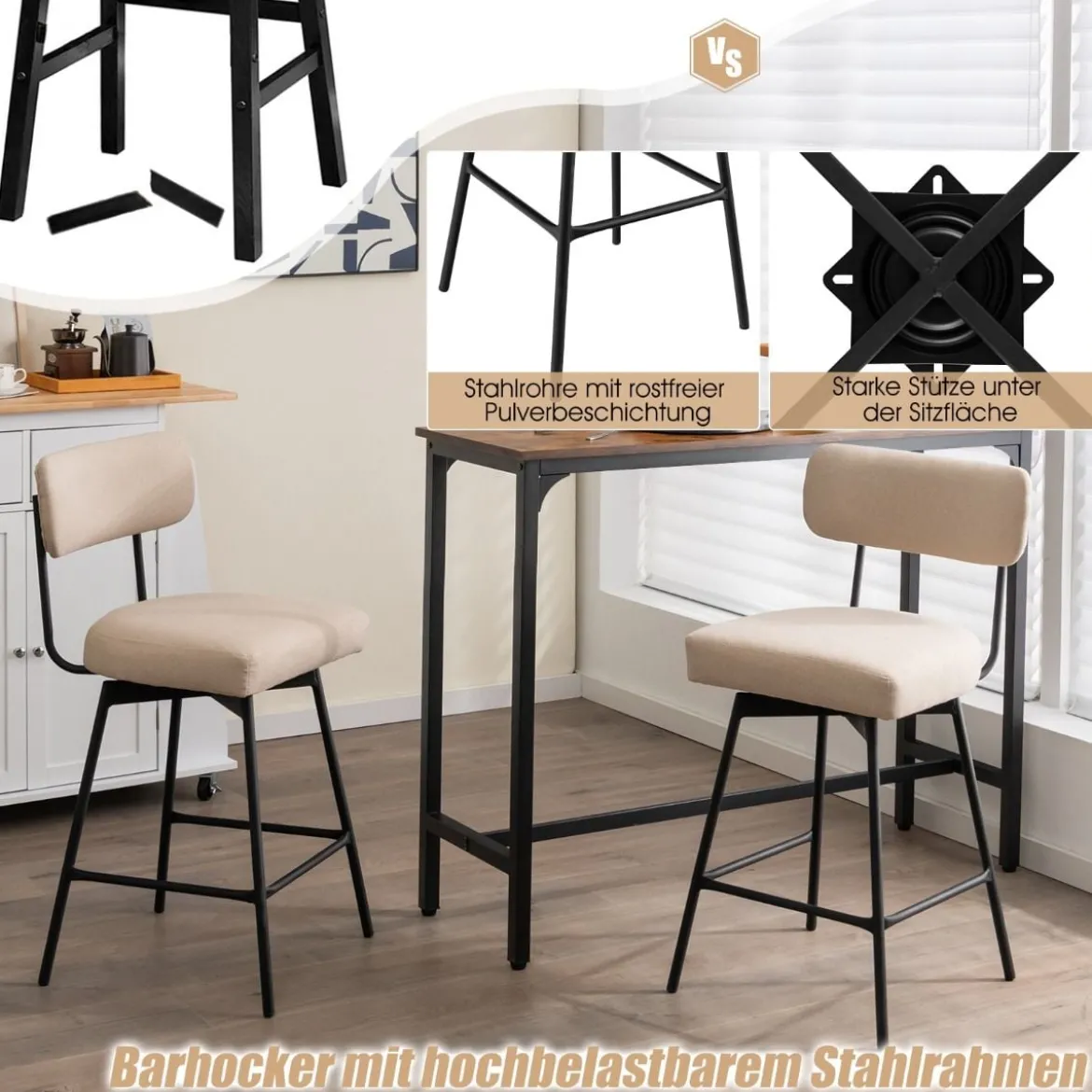 2er Set Barhocker 360° Drehbare Gepolsterte Barstühle mit Metallbeinen Beige