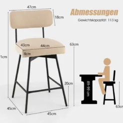 2er Set Barhocker 360° Drehbare Gepolsterte Barstühle mit Metallbeinen Beige