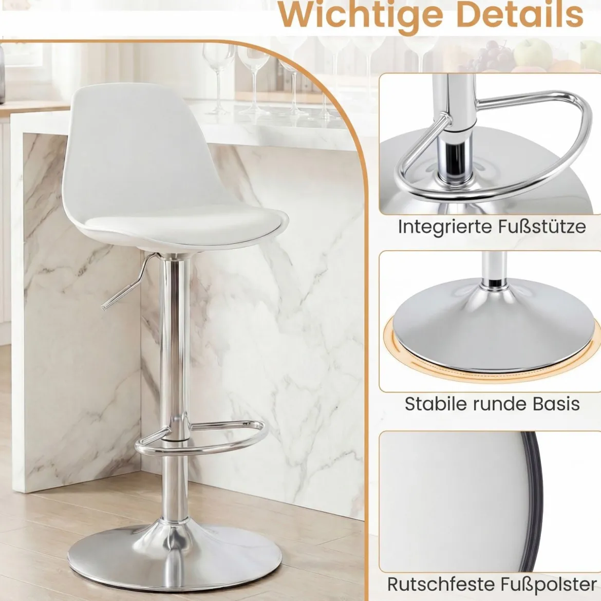 2er Set Barhocker 360 °Drehbarer Barstuhl Höhenverstellbarer Tresenhocker Küchenhocker Weiß