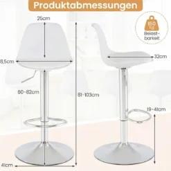 2er Set Barhocker 360 °Drehbarer Barstuhl Höhenverstellbarer Tresenhocker Küchenhocker Weiß
