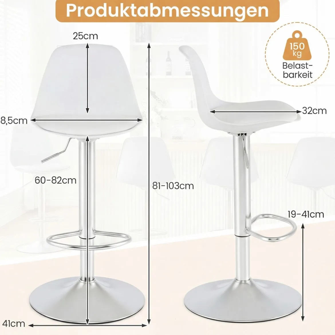 2er Set Barhocker 360 °Drehbarer Barstuhl Höhenverstellbarer Tresenhocker Küchenhocker Weiß