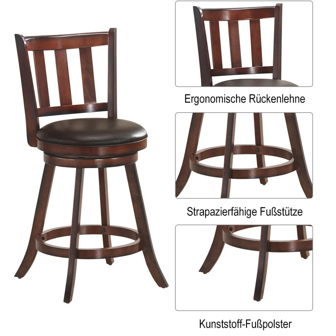 2er Set Barhocker Gepolsterte Drehhocker mit drehbarem Sitz 59,5 x 98 cm Braun + Schwarz
