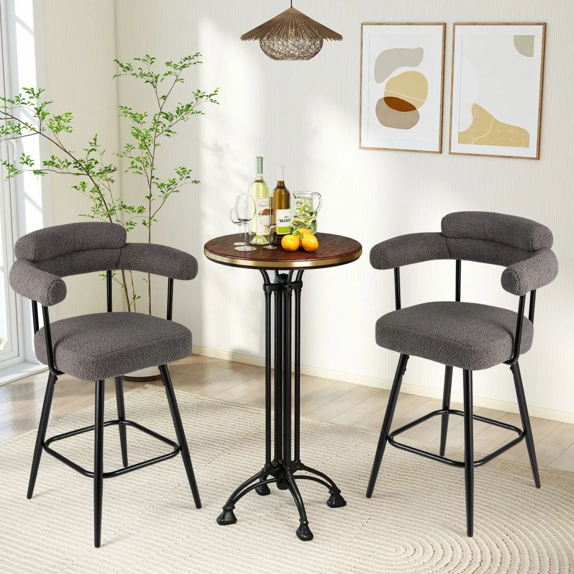 2er Set Barhocker Gepolsterter Thekenhocker 360° Drehbarer Sitzhocker Bistrohocker Grau