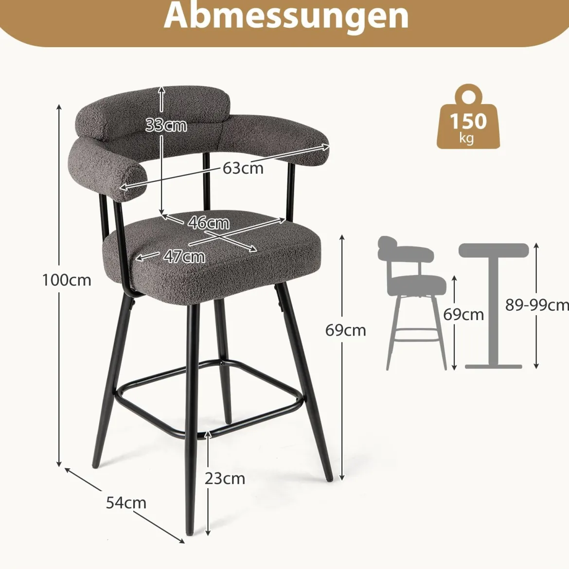 2er Set Barhocker Gepolsterter Thekenhocker 360° Drehbarer Sitzhocker Bistrohocker Grau