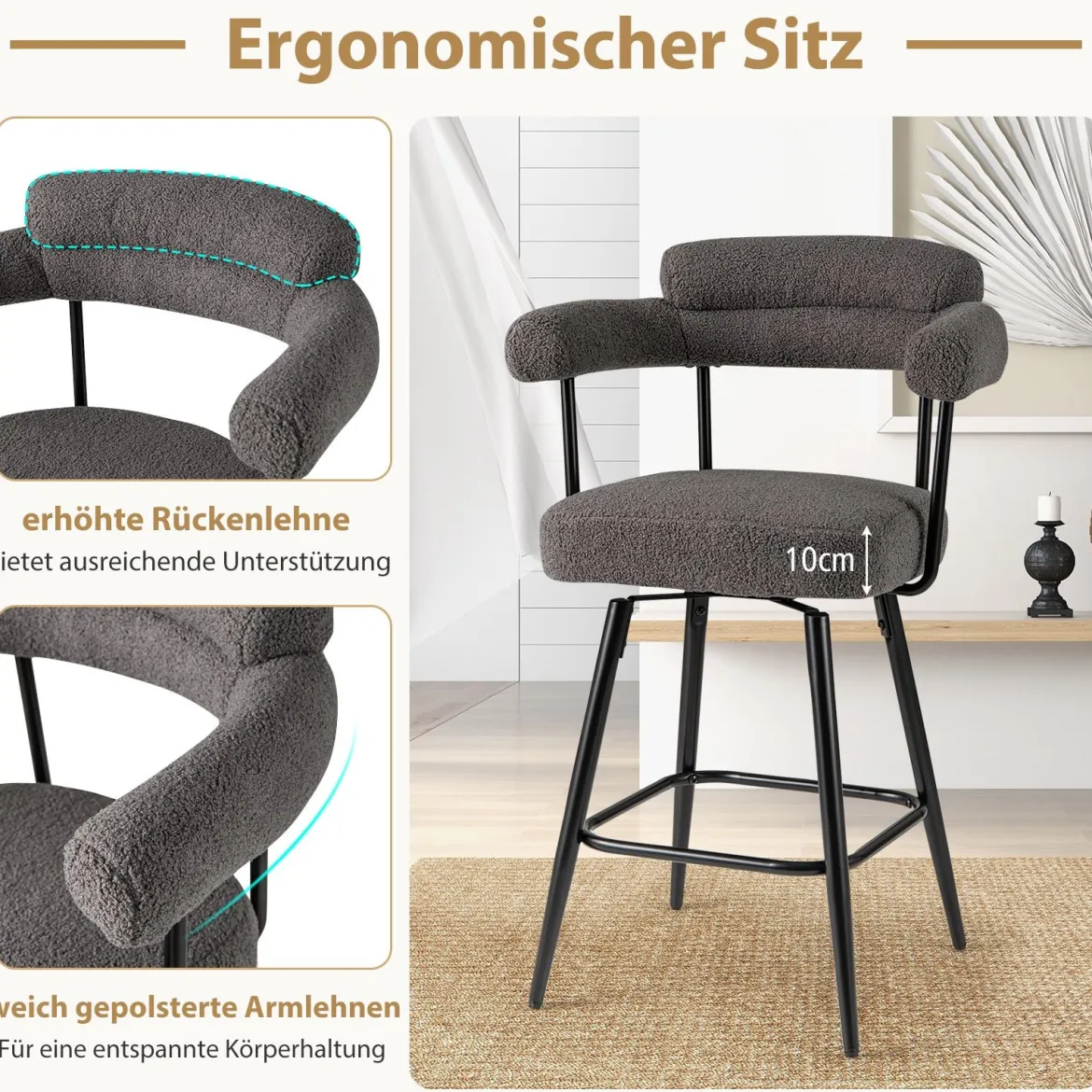 2er Set Barhocker Gepolsterter Thekenhocker 360° Drehbarer Sitzhocker Bistrohocker Grau