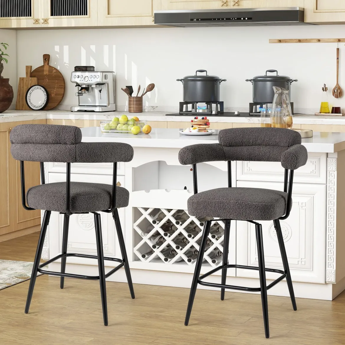 2er Set Barhocker Gepolsterter Thekenhocker 360° Drehbarer Sitzhocker Bistrohocker Grau