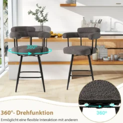 2er Set Barhocker Gepolsterter Thekenhocker 360° Drehbarer Sitzhocker Bistrohocker Grau