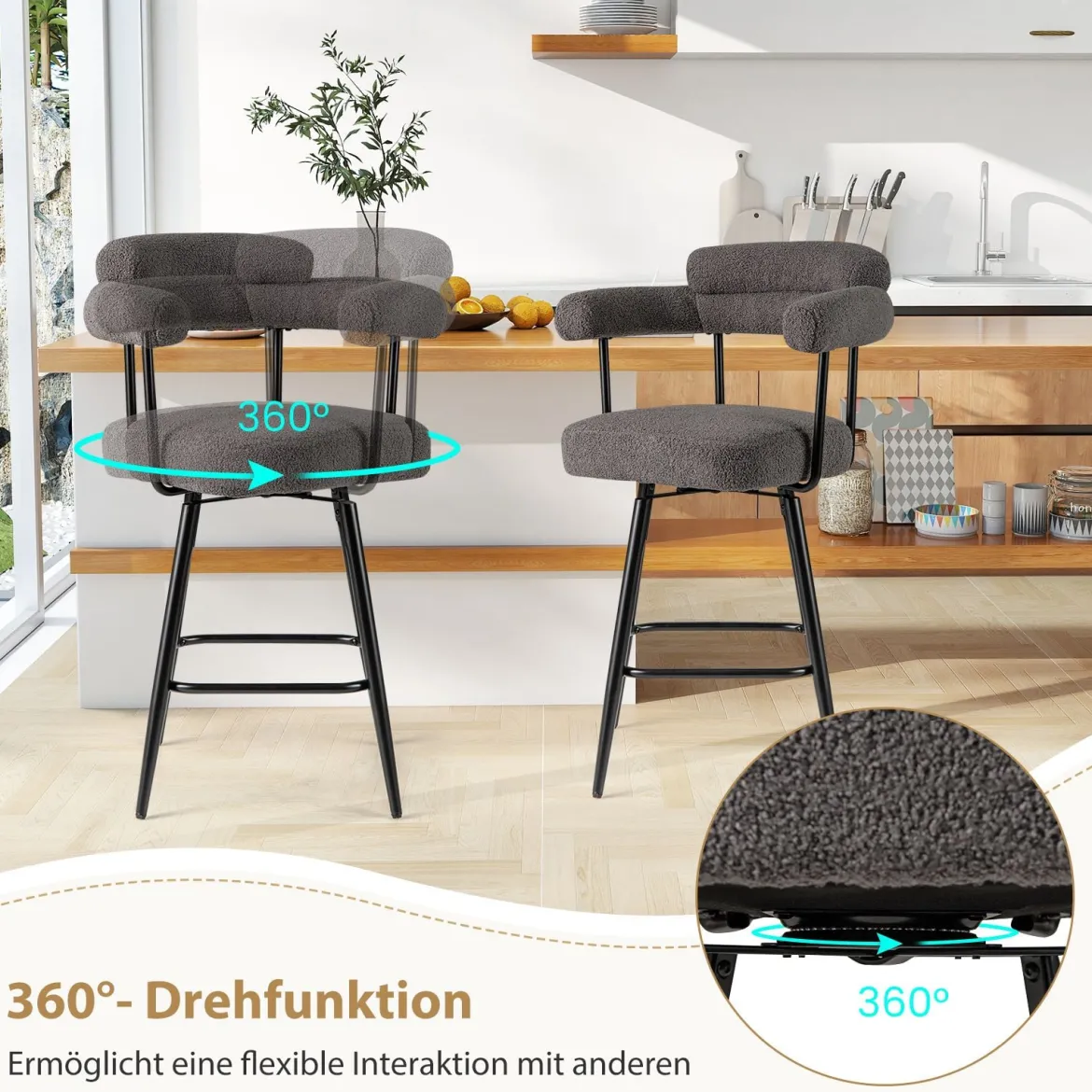 2er Set Barhocker Gepolsterter Thekenhocker 360° Drehbarer Sitzhocker Bistrohocker Grau