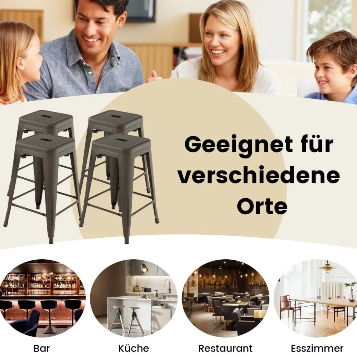 4er Set Barhocker mit Fußstütze bis 150kg Belastbar Stapelbare Küchenhocker Sitzhocker Gun