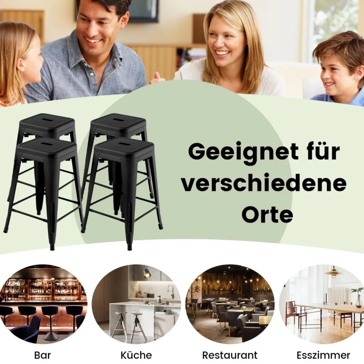 4er Set Barhocker mit Fußstütze bis 150kg Belastbar Stapelbare Küchenhocker Sitzhocker Schwarz