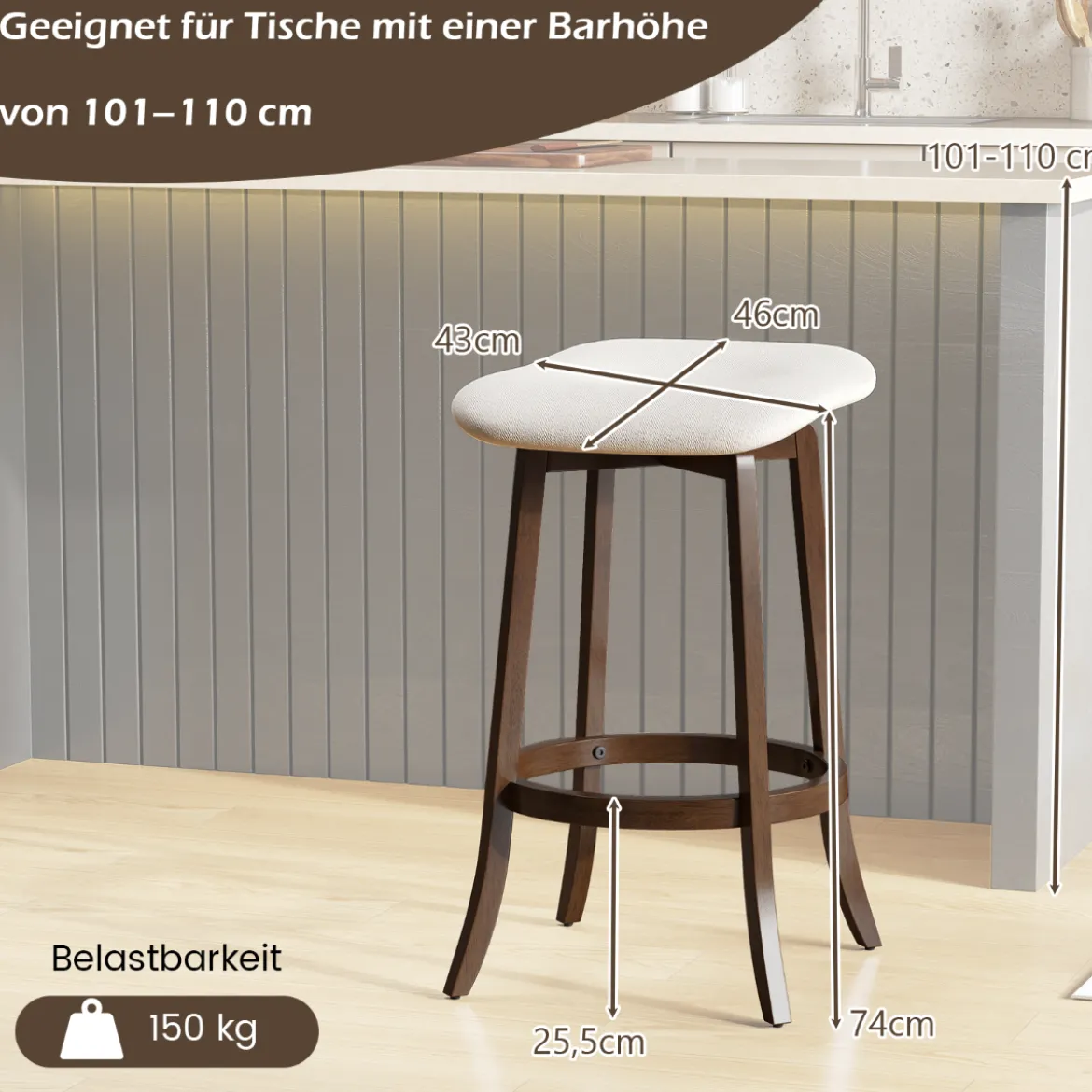 2er Set Barhocker mit Gepolsterten Sitzen Drehbarer Thekenhocker Sitzhocker Braun