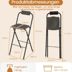 2er Set Barhocker mit Rückenlehne Klappbare Barstühle bis zu 150 kg Belastbar Grau