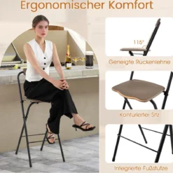 2er Set Barhocker mit Rückenlehne & Fußstütze Klappbare Barstühle bis zu 150 kg Belastbar Braun