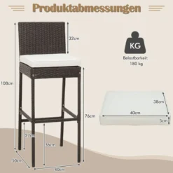 2er Set Barhocker mit Sitzpolsterung & Fußstütze Rattan Barstuhl bis 180 kg belastbar