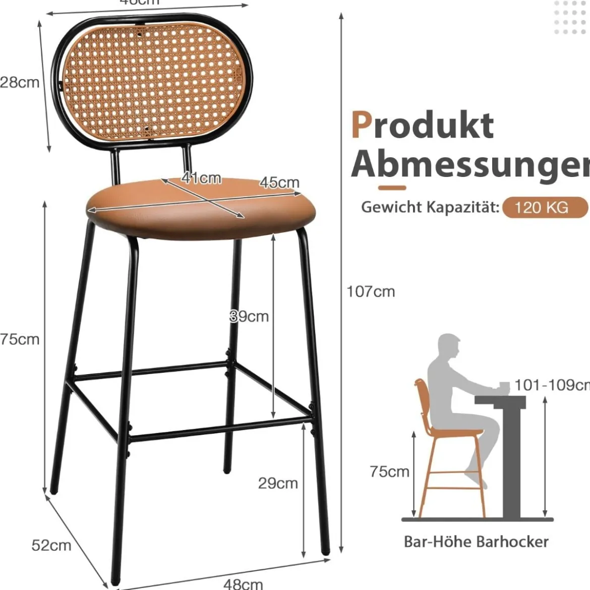 2er Set Barhocker Moderne Esszimmerstühle aus Kunstleder 52 x 48 x 107 cm