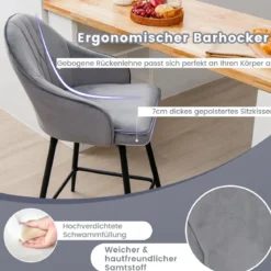 2er Set Barhockern mit Samtpolsterung & Metallbeinen 360°Drehbare Sitzhocker Grau