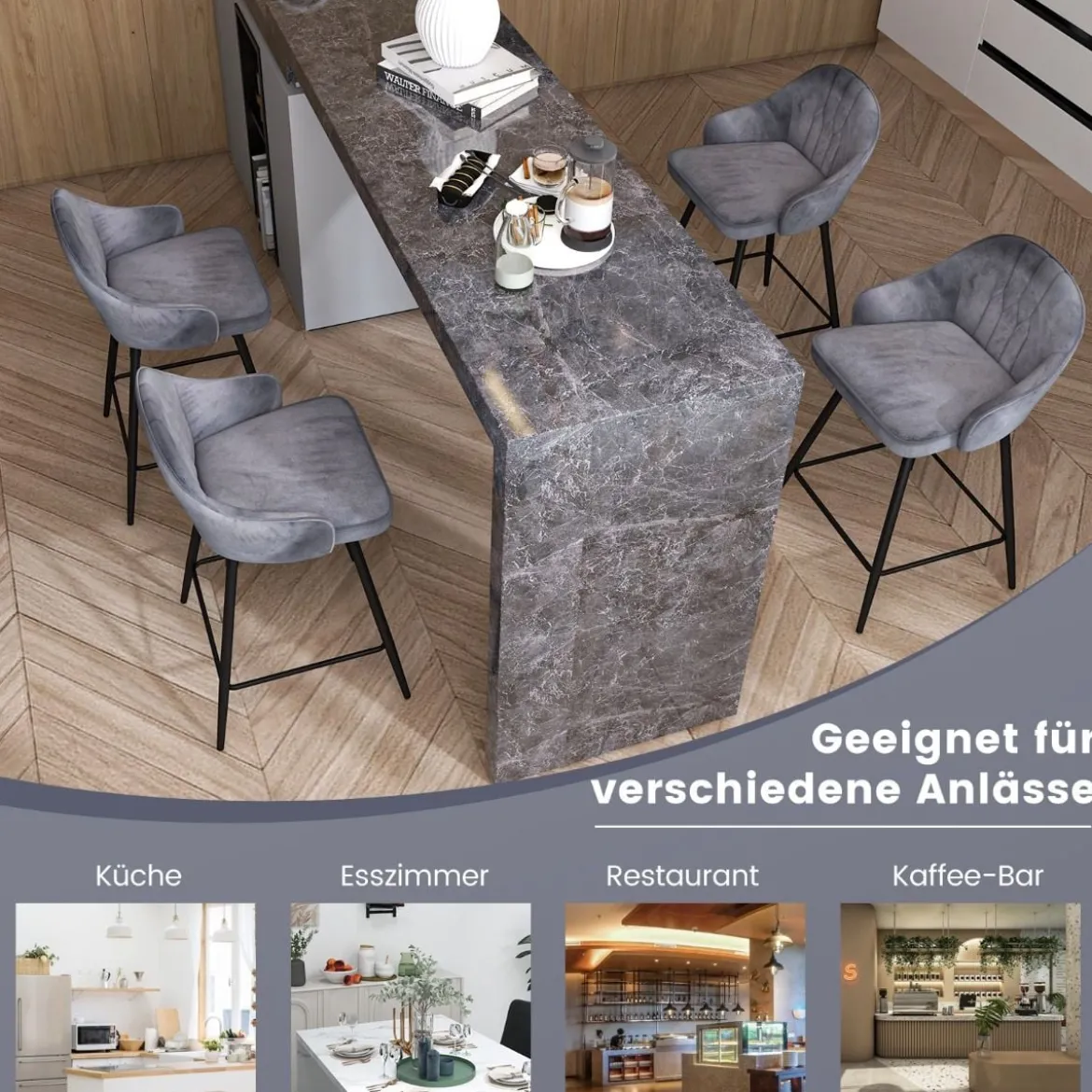 2er Set Barhockern mit Samtpolsterung & Metallbeinen 360°Drehbare Sitzhocker Grau