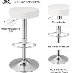 2er-Set Barhocker rückenlose Kneipenhocker aus PU-Leder mit einstellbarer Höhe Weiß