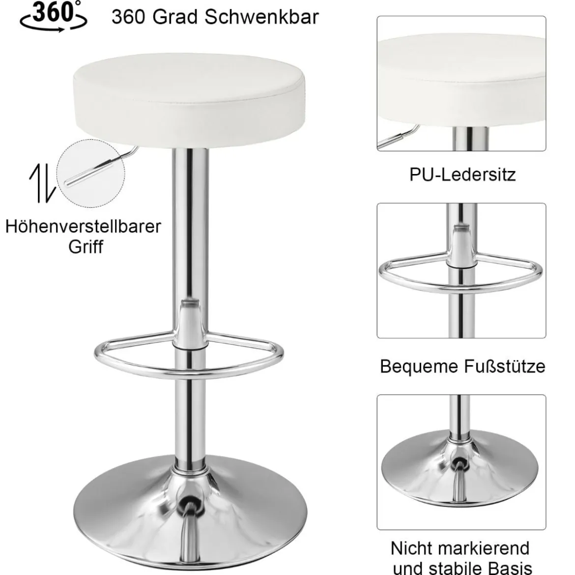 2er-Set Barhocker rückenlose Kneipenhocker aus PU-Leder mit einstellbarer Höhe Weiß