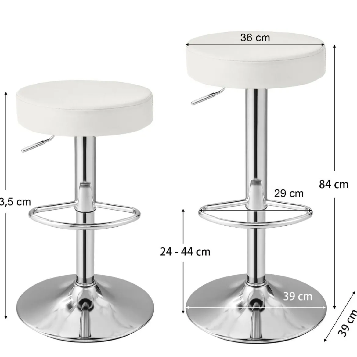 2er-Set Barhocker rückenlose Kneipenhocker aus PU-Leder mit einstellbarer Höhe Weiß