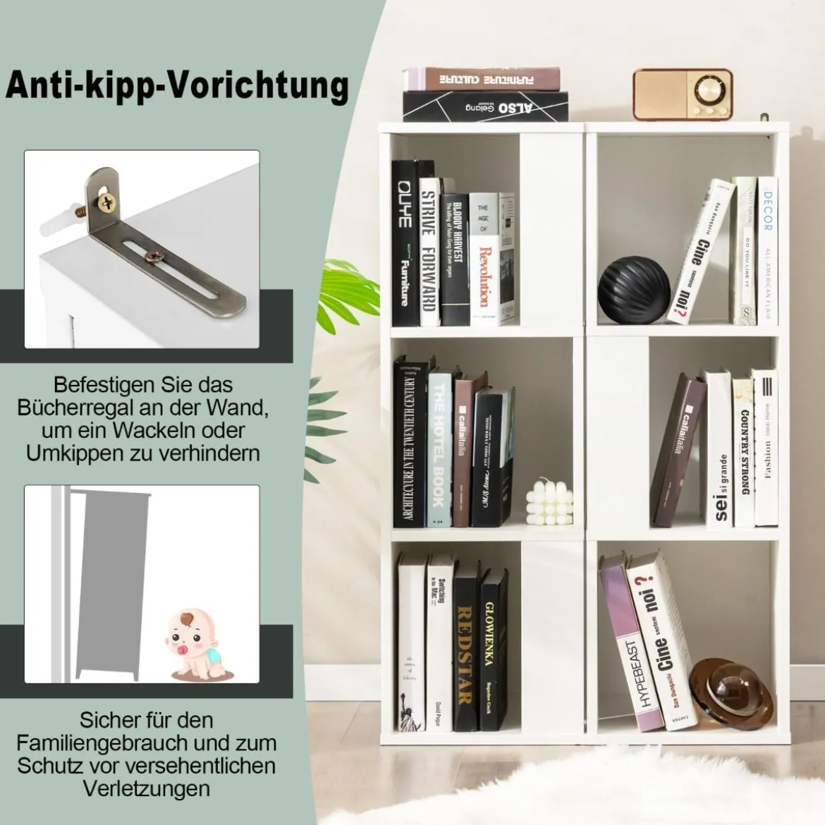 2er Set Bücherregal aus Holz mit Kippsicherung 3 Ebenen Standregal 33 x 33 x 100,5 cm Weiß