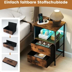 2er Set Beistelltisch mit Ladestation Nachttisch mit 2 faltbaren Stoffschubladen 6 seitlichen Aufbewahrungstaschen Rustikal Braun
