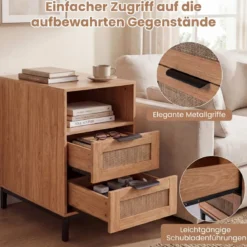 2er Set Beistelltisch mit Ladestation & 2 Schubladen Nachttisch aus Ratten & Holz Natur