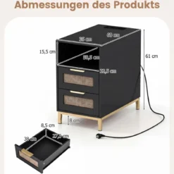 2er Set Beistelltisch mit Ladestation & 2 Schubladen Nachttisch aus Ratten & Holz Schwarz