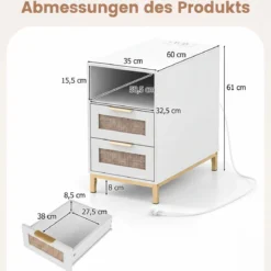2er Set Beistelltisch mit Ladestation & 2 Schubladen Nachttisch aus Ratten & Holz Weiß