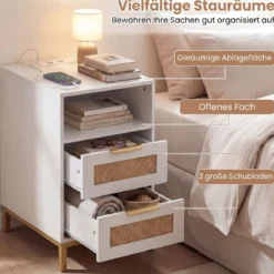 2er Set Beistelltisch mit Ladestation & 2 Schubladen Nachttisch aus Ratten & Holz Weiß