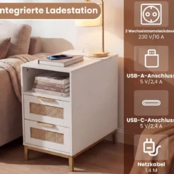 2er Set Beistelltisch mit Ladestation & 2 Schubladen Nachttisch aus Ratten & Holz Weiß