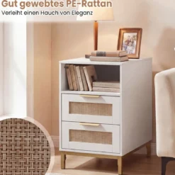 2er Set Beistelltisch mit Ladestation & 2 Schubladen Nachttisch aus Ratten & Holz Weiß