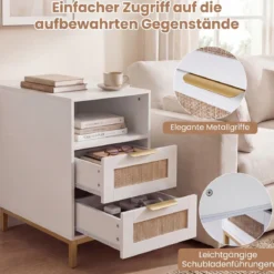 2er Set Beistelltisch mit Ladestation & 2 Schubladen Nachttisch aus Ratten & Holz Weiß