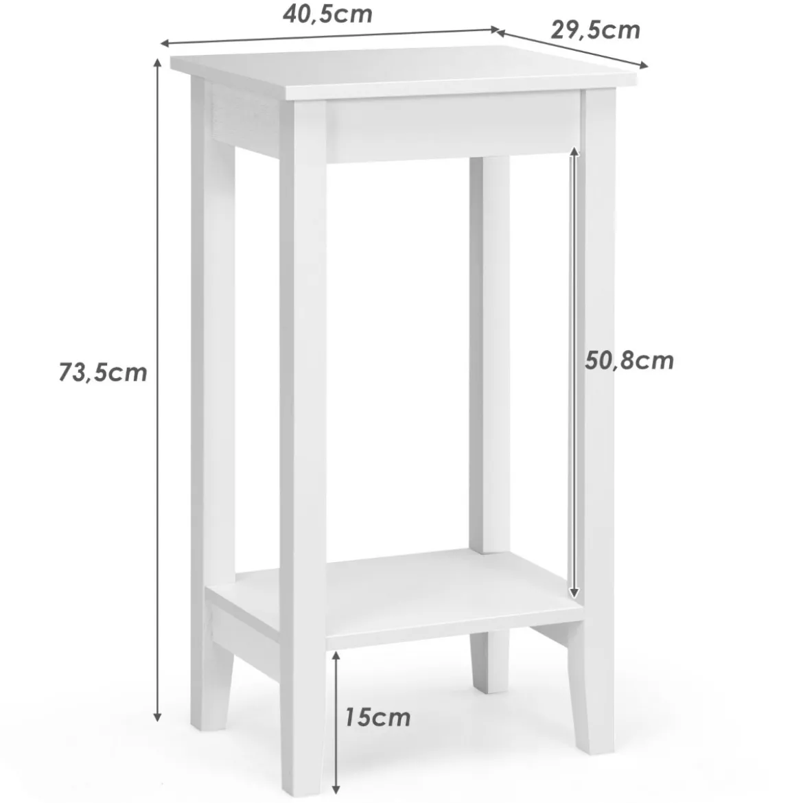 2 er Set Beistelltisch mit Regal 2-stöckiger hoher Sofatisch mit 4 Massivholzbeinen Weiß