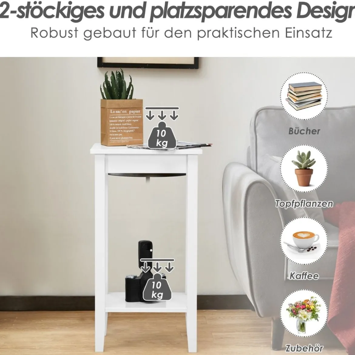 2 er Set Beistelltisch mit Regal 2-stöckiger hoher Sofatisch mit 4 Massivholzbeinen Weiß