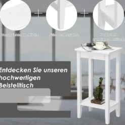 2 er Set Beistelltisch mit Regal 2-stöckiger hoher Sofatisch mit 4 Massivholzbeinen Weiß