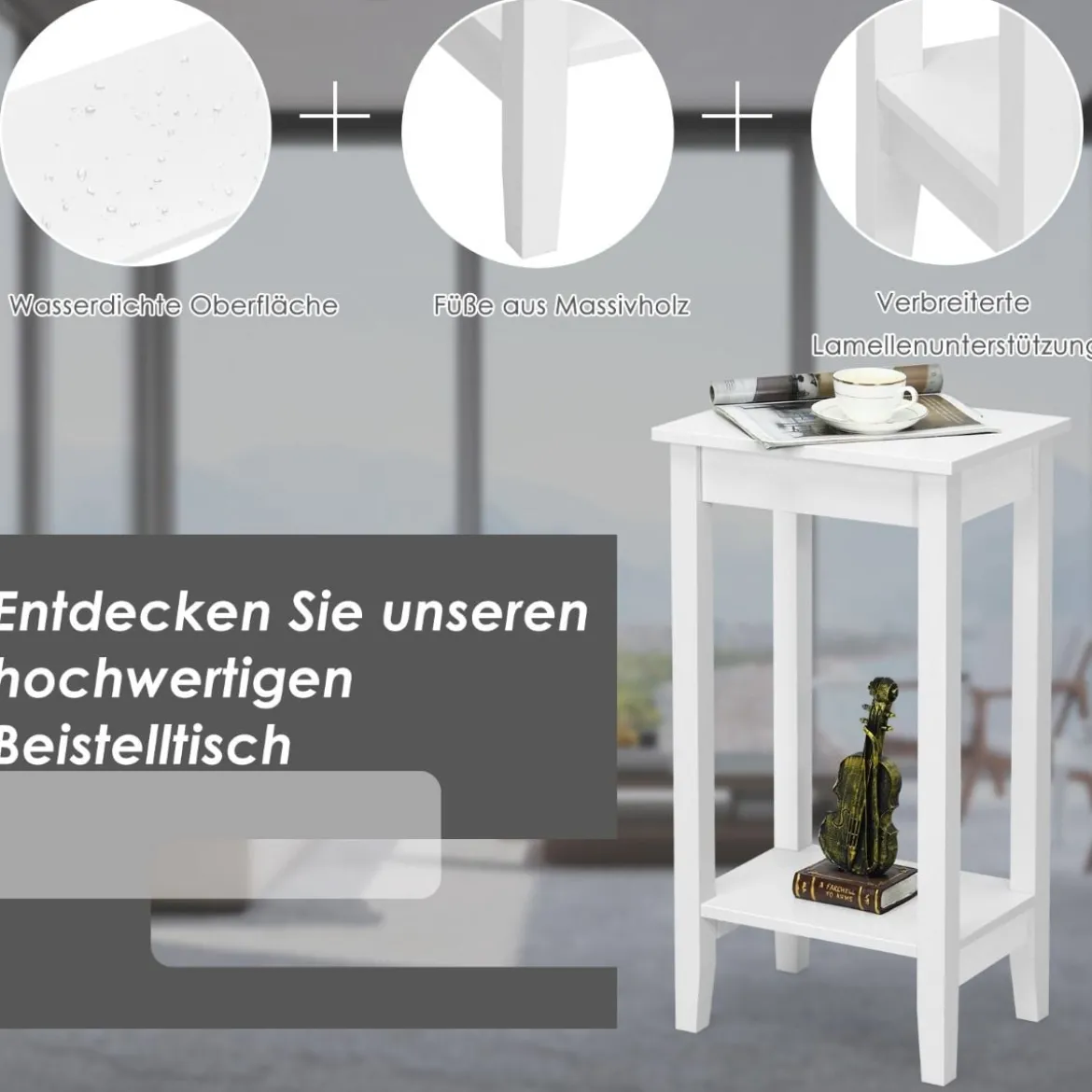 2 er Set Beistelltisch mit Regal 2-stöckiger hoher Sofatisch mit 4 Massivholzbeinen Weiß