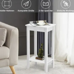 2 er Set Beistelltisch mit Regal 2-stöckiger hoher Sofatisch mit 4 Massivholzbeinen Weiß